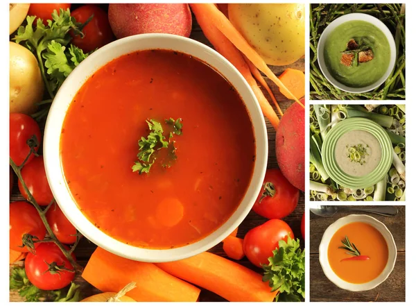 Collage Que Muestra Diferentes Tipos Sopa Tomate Apio Espárragos Puerro —  Fotos de Stock