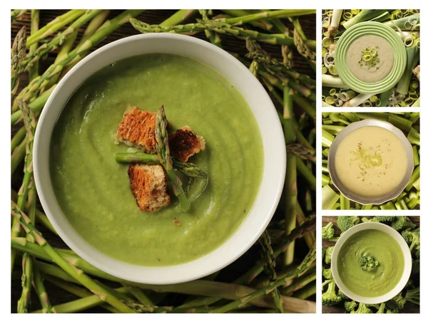 Collage Que Muestra Diferentes Tipos Sopa Tomate Apio Espárragos Puerro —  Fotos de Stock