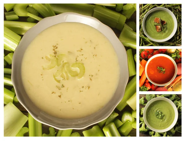 Collage Que Muestra Diferentes Tipos Sopa Tomate Apio Espárragos Puerro —  Fotos de Stock