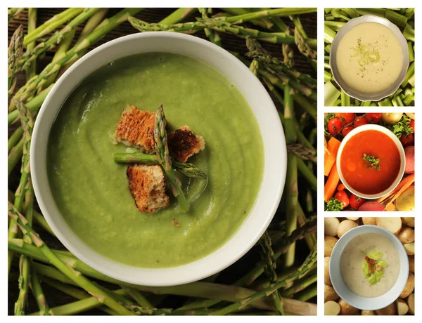 Collage Showing Different Kind Soup Tomato Celery Asparagus Leek Vegetables — Stock Photo, Image