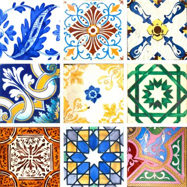 Fotoğraf 9 geleneksel Portekiz döşeme farklı renkler ve desenler