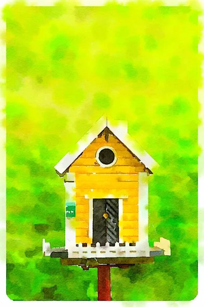 Digitale Aquarel Van Gele Birdhouse Een Groene Achtergrond — Stockfoto
