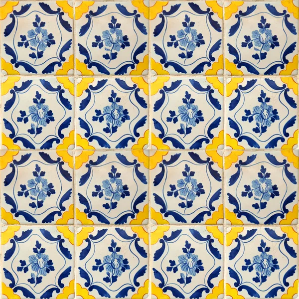 Photograph Traditional Portuguese Tiles Flowers Blue Yellow Flowers — Stock Photo, Image
