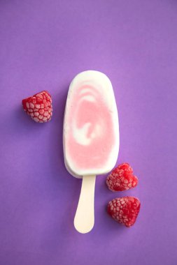 Meyvenin sorbe ve yoğurt ile mor bir arka plan üzerinde ahududu buzlu şeker