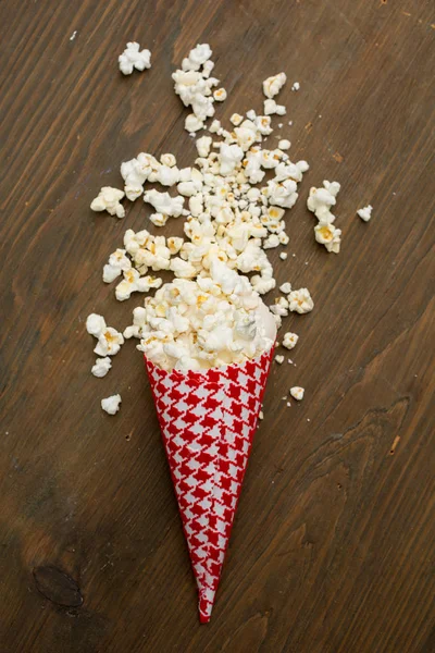 Top View Red Container Full Fresh Popcorn Wooden Table — Stock Photo, Image