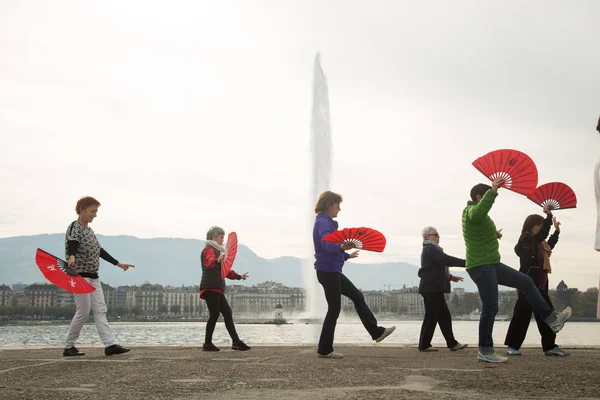 Geneve Switzerland October 2015 People Doing Tai Chi Park Fountain — Stock Photo, Image