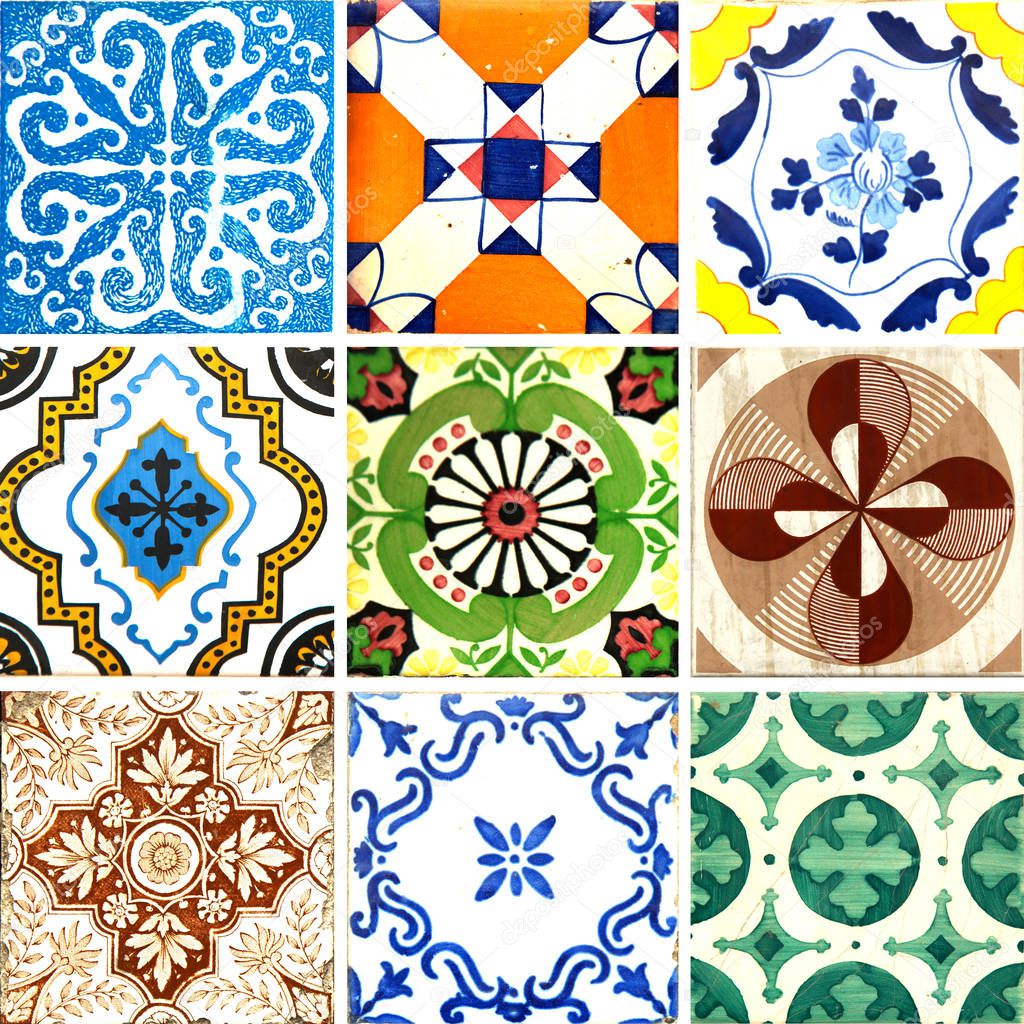 Photograph of traditional portuguese tiles in different patterns and colours