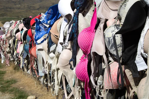卡德罗纳 新西兰 2018年3月16日 在卡德罗纳胸罩围栏超过7000成千上万胸罩 一个旅游吸引力也命名了 Bradrona 这是在新西兰的奥塔哥中心有争议的旅游景点 — 图库照片