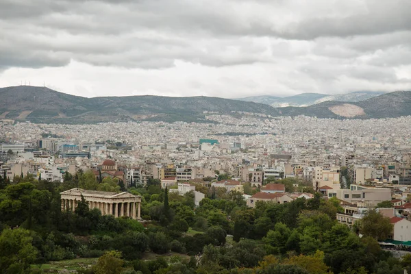 Widok Ateny Grecji Góry Świątyni Hefajstos Planie — Zdjęcie stockowe