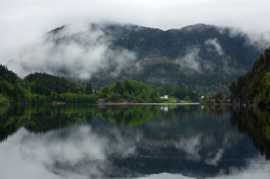 Norveç'teki Bergen yakınındaki fiyort dağın dar düşük bulut