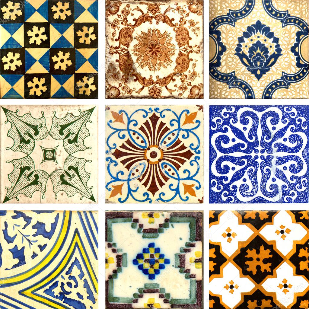 Photograph of traditional portuguese tiles in different patterns and colours