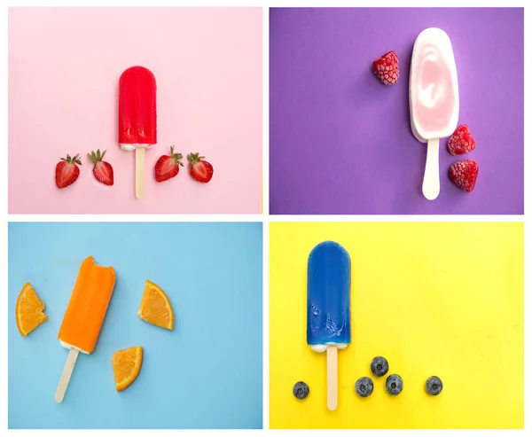 Collage Fotografie Con Diversi Tipi Ghiacciolo Con Diversi Colori Come — Foto Stock