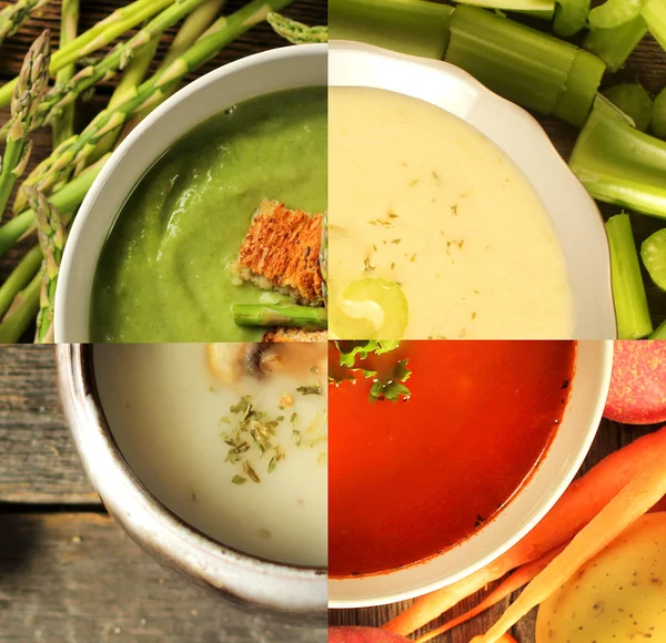 Eine Schüssel Suppe Separat Vier Verschiedenen Suppen Spargel Sellerie Gemüse — Stockfoto