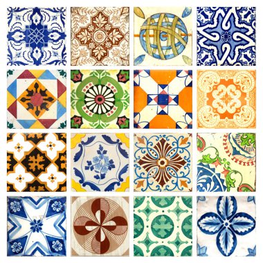 Farklı renkler ve desenler 16 geleneksel Portekiz döşemeleri fotoğrafı