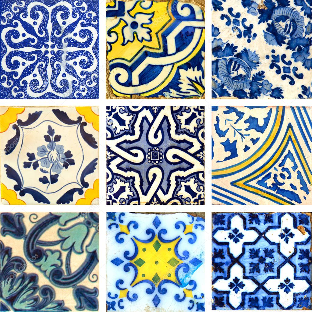 Photograph of traditional portuguese tiles in different patterns with blue and yellow colour