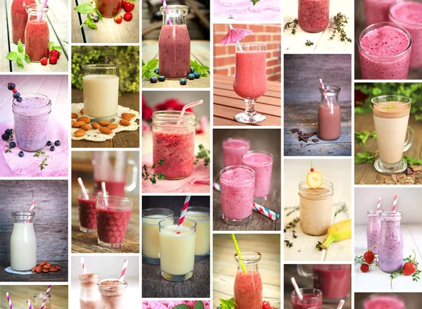 Collage Aus Verschiedenen Säften Und Smoothies Wie Beeren Mandeln Bananen — Stockfoto