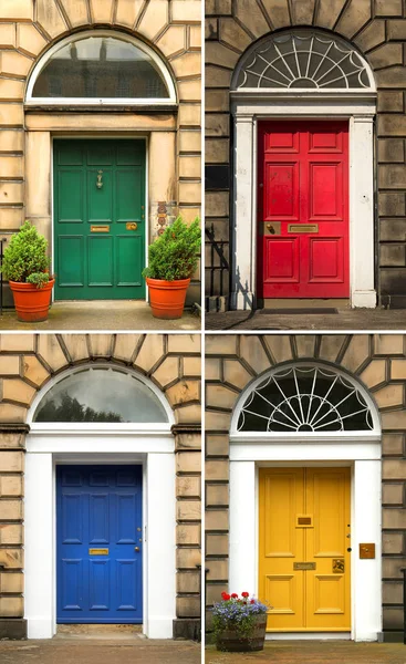 Collage Quattro Porte Vecchie Colorate Blu Giallo Rosso Verde Edimburgo — Foto Stock