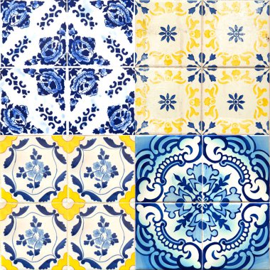 Dört geleneksel Portekiz taş mavi ve sarı renkler ile fotoğrafı