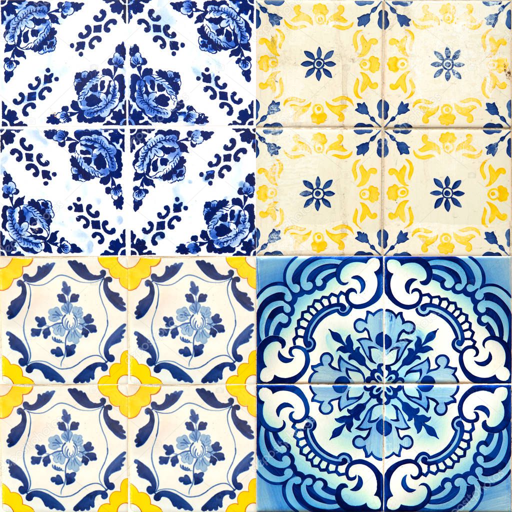 Photograph of four traditional portuguese tiles with blue and yellow colours