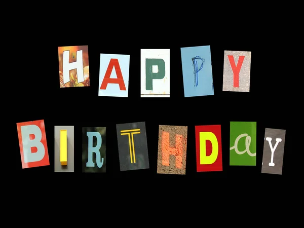 Happy Birthday Made Colorful Newspaper Letters Cut Out Isolated Black — Stock Photo, Image