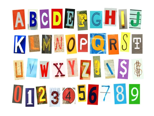 Colorful Alphabets Numbers Some Signs Symbols Cut Out Newspaper Isolated — Stock Photo, Image