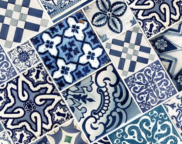 Fotografía Azulejos Portugueses Tradicionales Azul Con Flores Línea Patrón — Foto de Stock