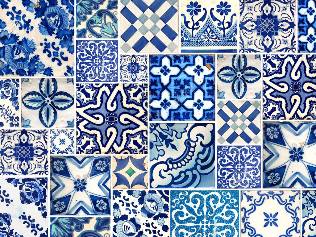 Photograph of traditional portuguese tiles in blue with flowers, line and pattern