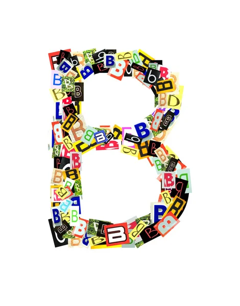 Alphabet collection Capital B, with the letter being formed with a collage of smaller images, of both capital and lowercase letters, in a variety of fonts and colours. Isolated on white background