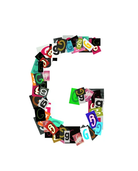 Alphabet collection Capital G, with the letter being formed with a collage of smaller images, of both capital and lowercase letters, in a variety of fonts and colours. Isolated on white background