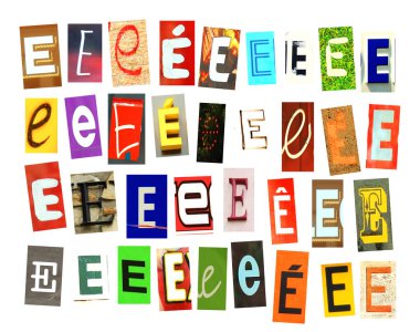 Alfabe koleksiyonu sermaye E, bir kolaj daha küçük resimler, büyük ve küçük harflerle, çeşitli yazı tipleri ve renkler ile oluşturulmaktadır mektup ile. Beyaz arka plan üzerinde izole