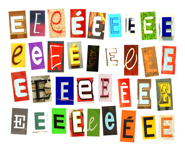 Алфавитная коллекция "Капитал Е", в которой буква образована коллажем из меньших изображений, как больших, так и маленьких букв, в различных цветах и оттенках. Изолированный на белом фоне
