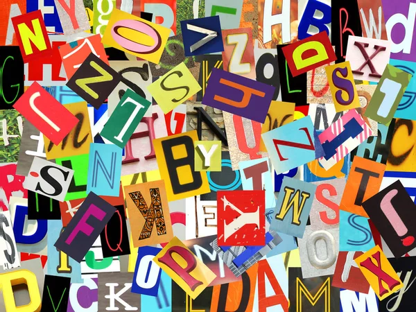 Collage Newspaper Alphabet Different Colours Different Side Isolated White — Stock Photo, Image