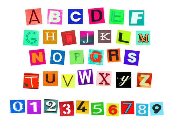 Colorful Alphabets Numbers Some Signs Symbols Cut Out Newspaper Isolated — Stock Photo, Image