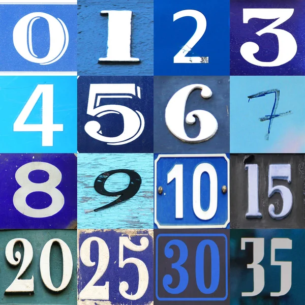 Numbers Collection Different Blue Tonality Patterns Wood Paper Metal — Stock Photo, Image