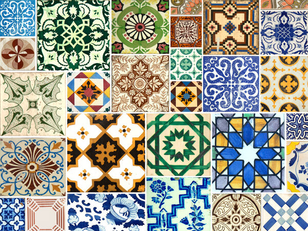 Photograph of traditional portuguese tiles in blue, brown and green