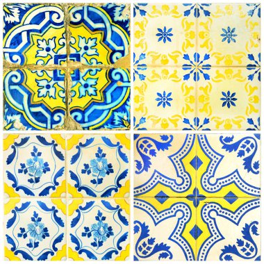 Dört geleneksel Portekiz taş mavi ve sarı fotoğrafı