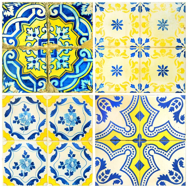 Zdjęcie Czterema Tradycyjnymi Portugalskimi Kafelkami Kolorze Niebieskim Żółtym — Zdjęcie stockowe