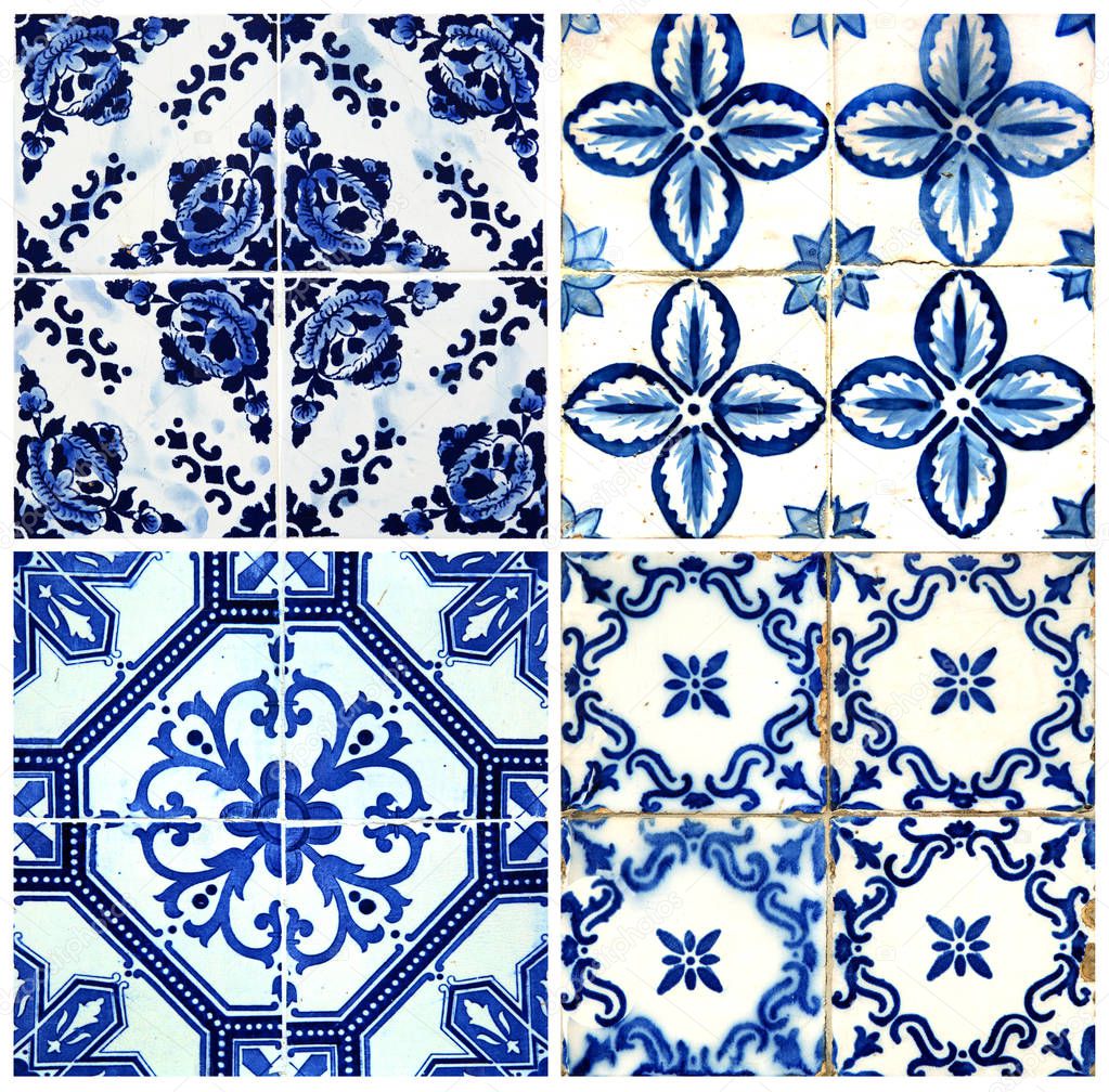 Photograph of four traditional portuguese tiles in blue 