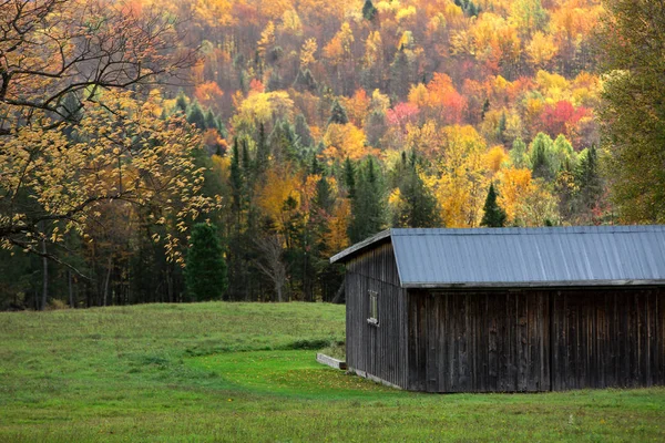 Old Wooden Barn Colorful Mountain Background Yellow Orange Green Trees — Stock Photo, Image