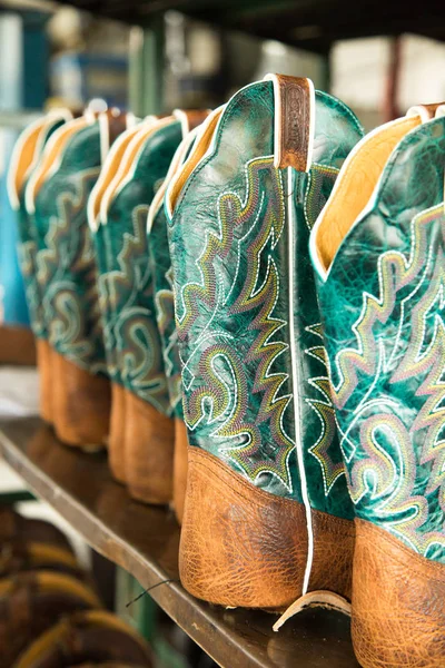 Tites Canada July 2018 Turquoise Cowboy Boots Preparation Factory Boulet — Stock Photo, Image