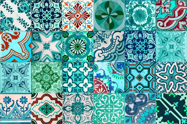 不同类型的蓝色 绿色和绿松石色的传统葡萄牙瓷砖照片 — 图库照片