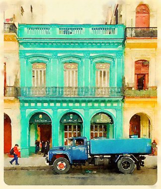 Eski mavi su tankı kamyonun neoklasik Küba'da Havana'da bina önünde dijital suluboya
