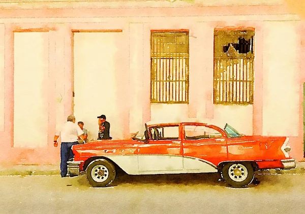 Digitala Akvarell Röda Klassiska Amerikanska Gamla Bil Med Vänner Pratar — Stockfoto