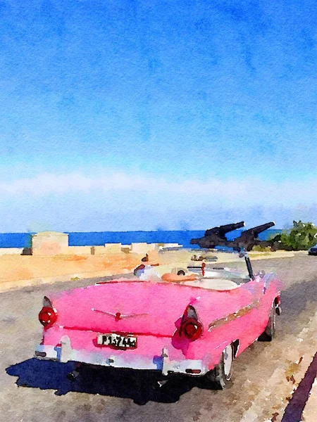 Digital Watercolor Pink Classic American Old Car Havana Cuba — Stock Photo, Image