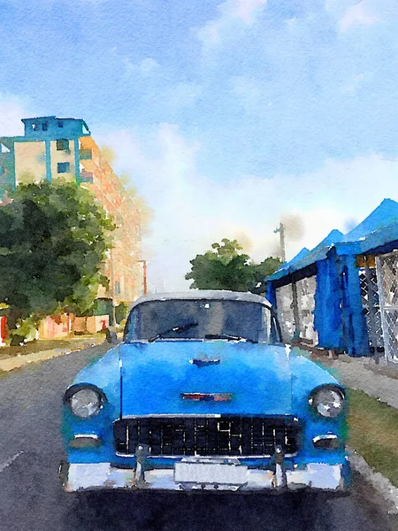 Aquarela Digital Clássico Carro Velho Azul Americano Havana Cuba — Fotografia de Stock