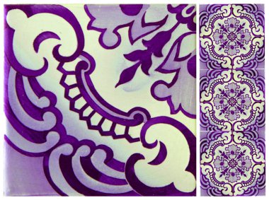 Photographs of traditional portuguese tiles with flowers in purple tone clipart