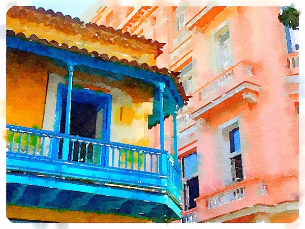 古巴哈瓦那五颜六色建筑的数字水彩画 — 图库照片