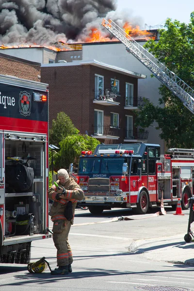 Montreal Canada Juni 2020 Brandweerman Trekt Zijn Brandweerjas Aan Voordat — Stockfoto