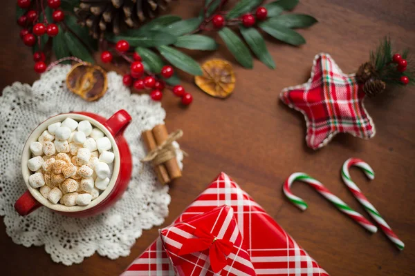 Marshmallow Top Hot Chocolate Red Cup Surrounded Christmas Candies Gifts — Stock Photo, Image