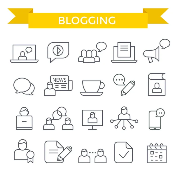 Blogging Icon Set Dunne Lijn Plat Ontwerp — Stockvector